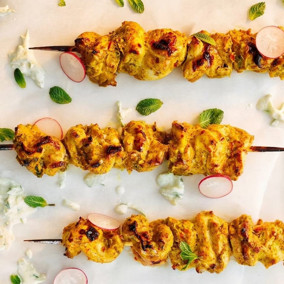 Three skewers of golden chicken tikka, garnished with radish slices, mint, and creamy sauce.