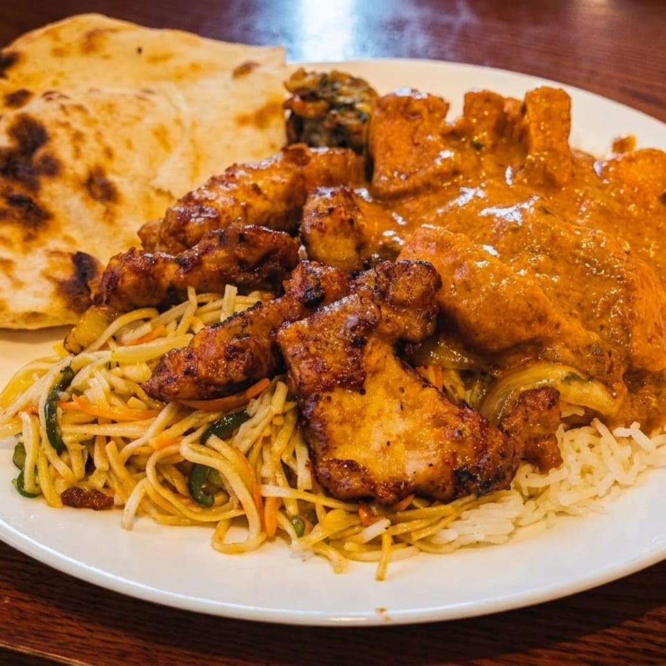 A white plate filled with Indian food, including naan, chicken tikka masala, noodles, and rice.