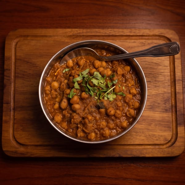 A metal bowl of chana masala, garnished with fresh cilantro, on a wooden serving board.