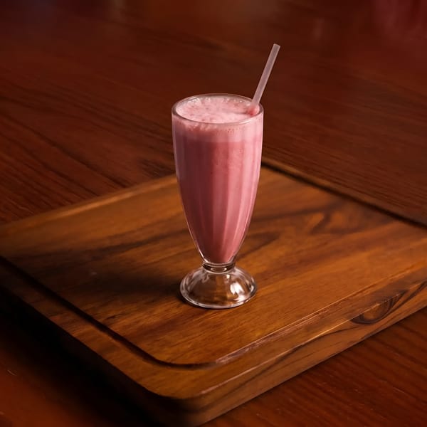 Pink milkshake in a tall glass with a straw, on a wooden serving board.