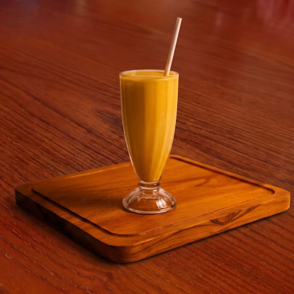 A tall glass of yellow mango lassi with a straw, on a wooden tray and table.